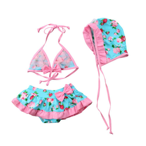 3 stücke einstellen freundlicher Baby Mädchen Blumen- Ballettröckchen Felsen Kappe Bikini Badeanzug Spitze Badeanzug Beachwear Badebekleidung