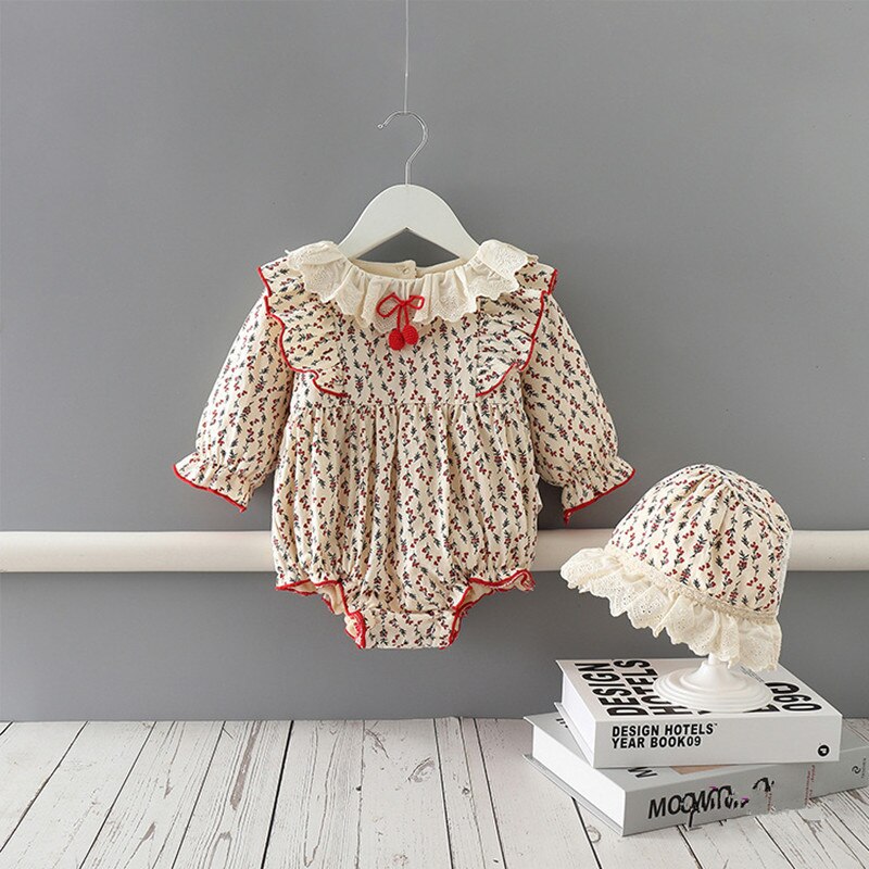 0-2Y Baby Klettern Kleidung Herbst Lange ärmeln Blumen Druck Baby Mädchen Bodys + Hütte freundlicher Kleidung