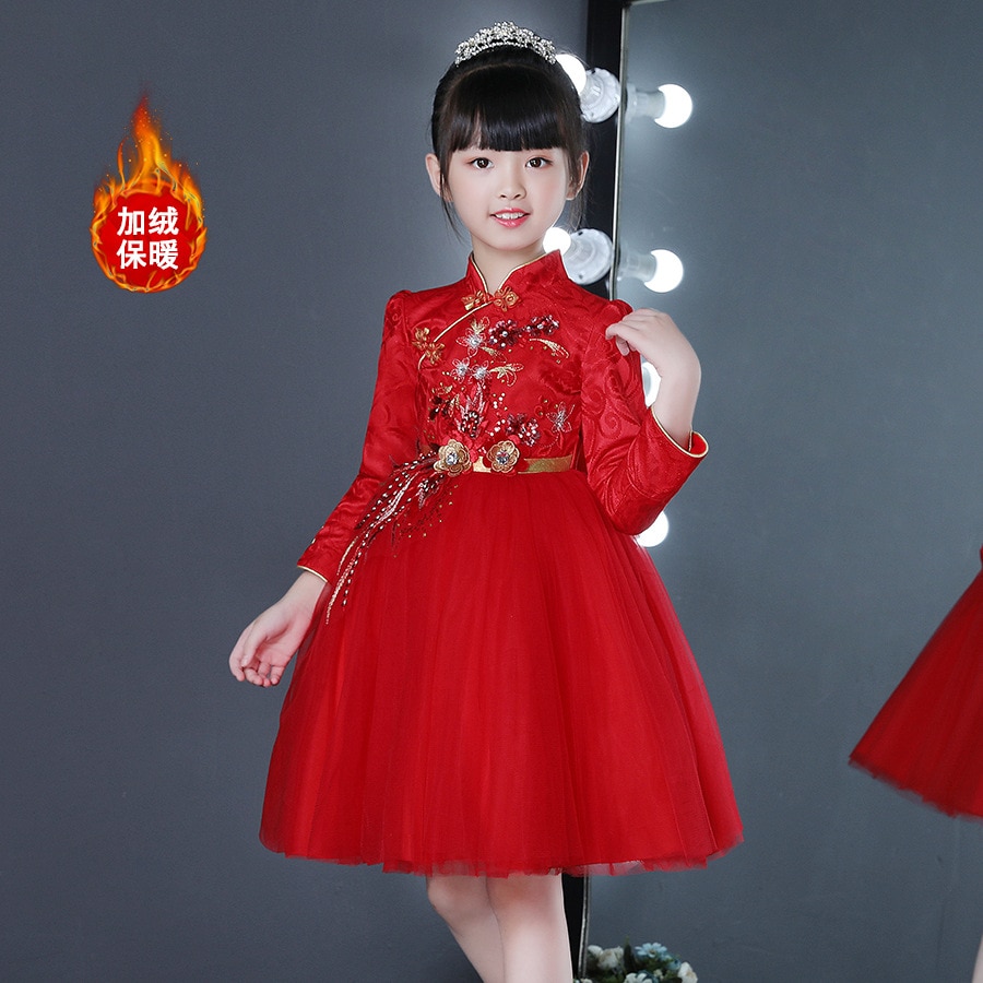 prinzessin Kleid Mädchen geschwollen Garn Herbst Und Winter Neue Stil Chinesischen stil Cheongsam Abendkleid Blume Jungen/ blume Mädchen W