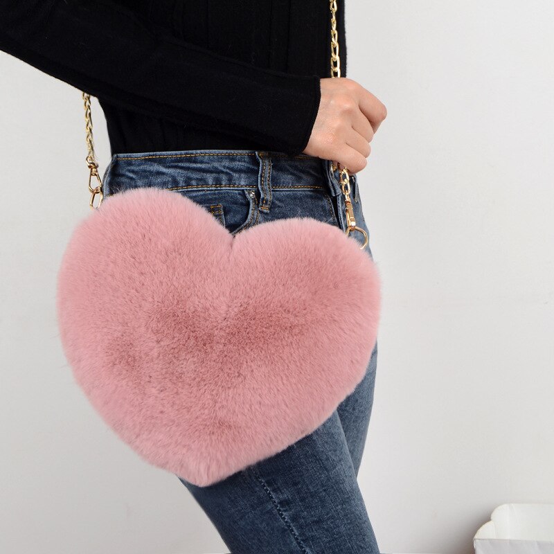 frauen Herz Geformt Handtaschen Nette Kawaii Faux Pelz Umhängetaschen Geldbörse Plüsch Kette Schulter Tasche Dame Handtasche