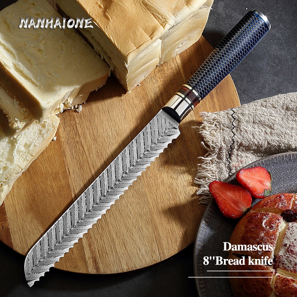 NANHAIONE8 Zoll Gezackten Brotmesser Messer Damaskus Stahl Edelstahl Klinge Toast schneiden Messer schneiden Käse Kuchen Dalbergia Griff