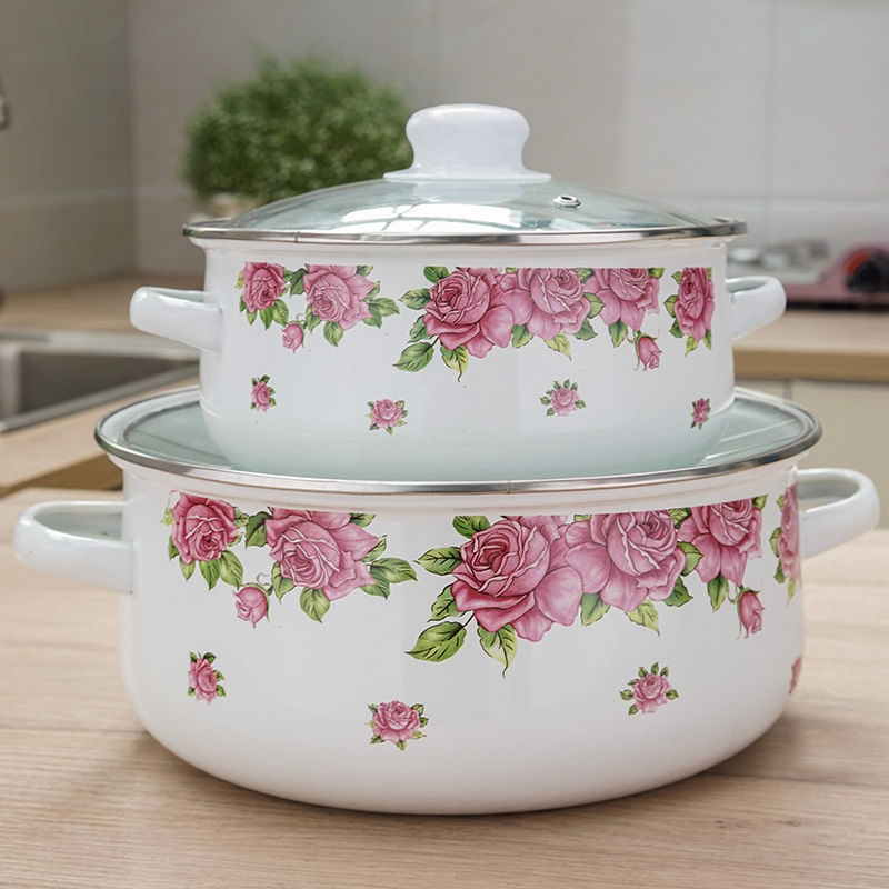 Emaille Suppe Topf Flache Herde 2-5L Starke Topf mit Deckel Kochen Topf Kochgeschirr Induktion Topf Topf von Suppe Küche Töpfe und Pfannen
