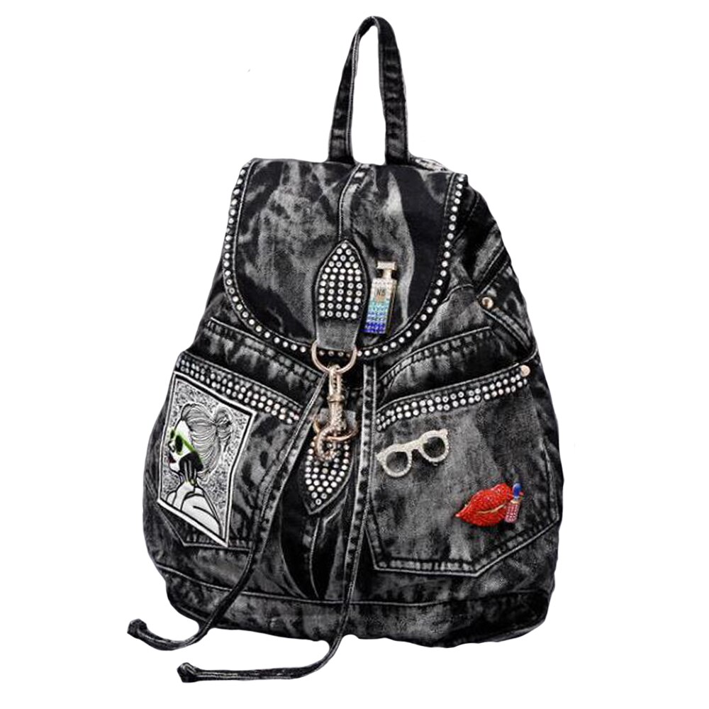 Neue Koreanische Denim Tasche Denim Diamant lässig Rucksack Straße Persönlichkeit Trend Damen Einfarbig Kordelzug Rucksäcke