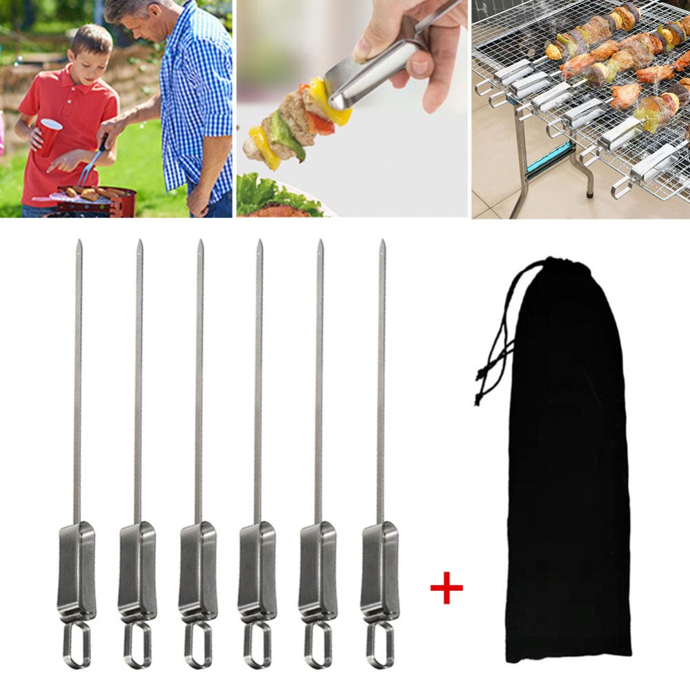 6 stücke Edelstahl BBQ Fleisch Stöcke Lange Koch Grill Lebensmittel Halfter Spieße Nadel Zinken für Grill Party Spieße Mit tasche einstellen