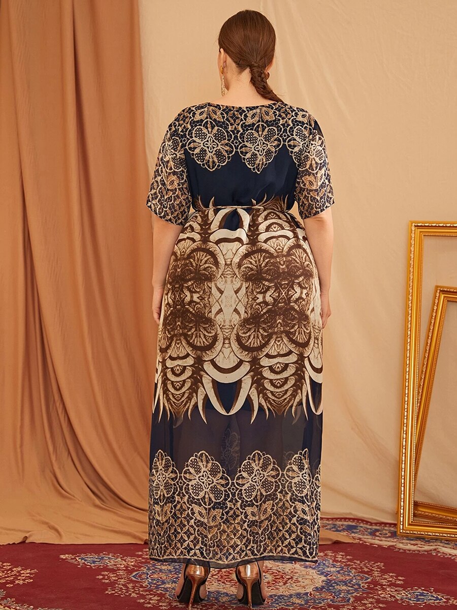 Plus Größe Frauen Sommer Kleid Weibliche O Hals Kurzarm retro Druck Jahrgang Kleid verlieren Übergroßen max Lange Kleider