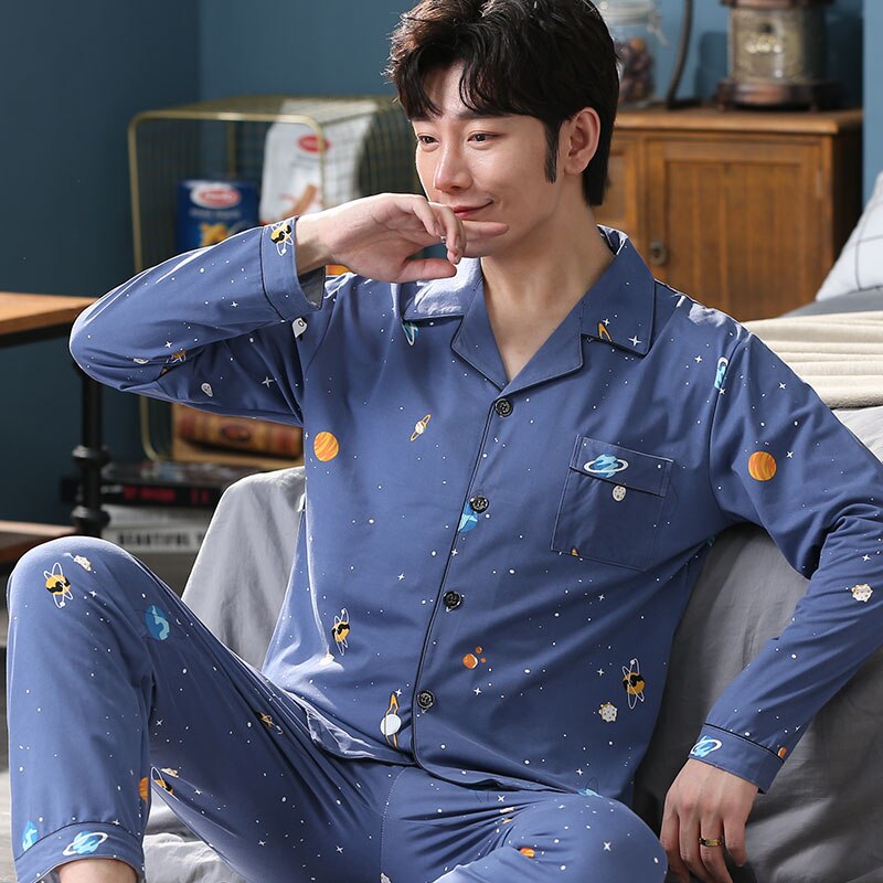 Einfache männer Pyjama revers lässig weichen schlafanzug Heimat Service frühling und herbst neue gedruckt baumwolle Pyjama 2-stück anzug