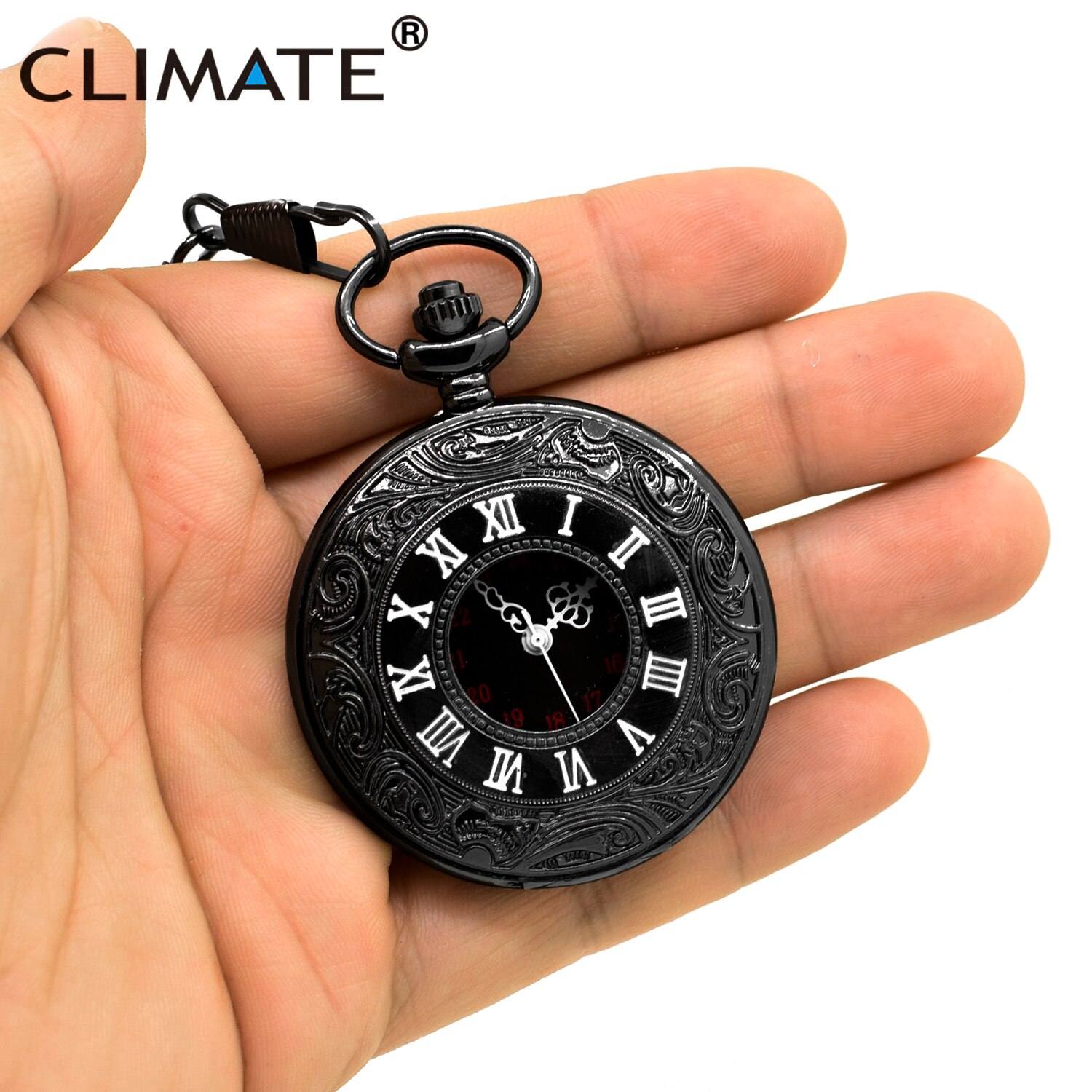 Römische Zahl Taschenuhr Männer Schwarz retro Taschenuhr Jahrgang Linderung Runde Legierung Quarz Pocketwatch mit Kette für Mann