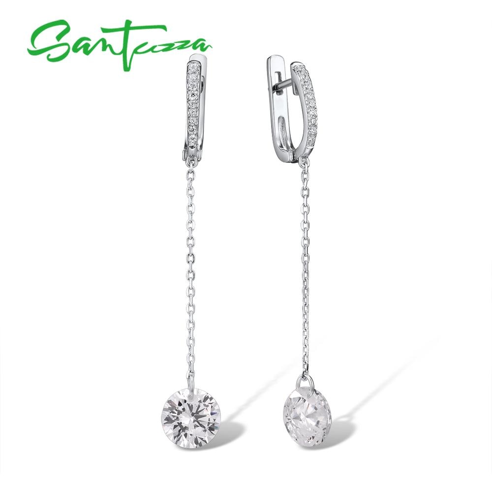 SANTUZZA Silber Ohrringe Für Frauen Reine 925 Sterling Silber glänzend Weiß Zirkonia Lange Ohrringe Elegante Feine Schmuck