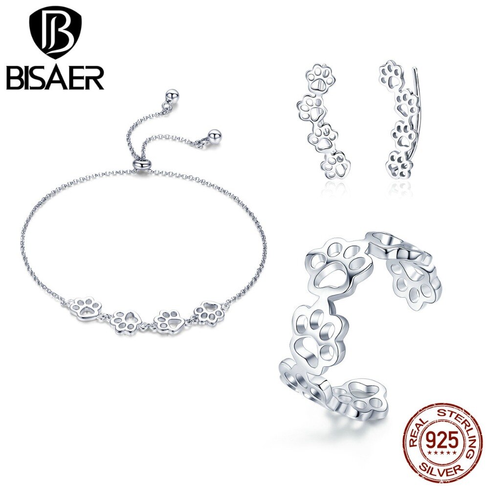 BISAER Authentische 925 Sterling Silber Schmuck einstellen Ebene Katze Hund Fußabdrücke Frauen Schmuck setzt Sterling Silber Schmuck WES083