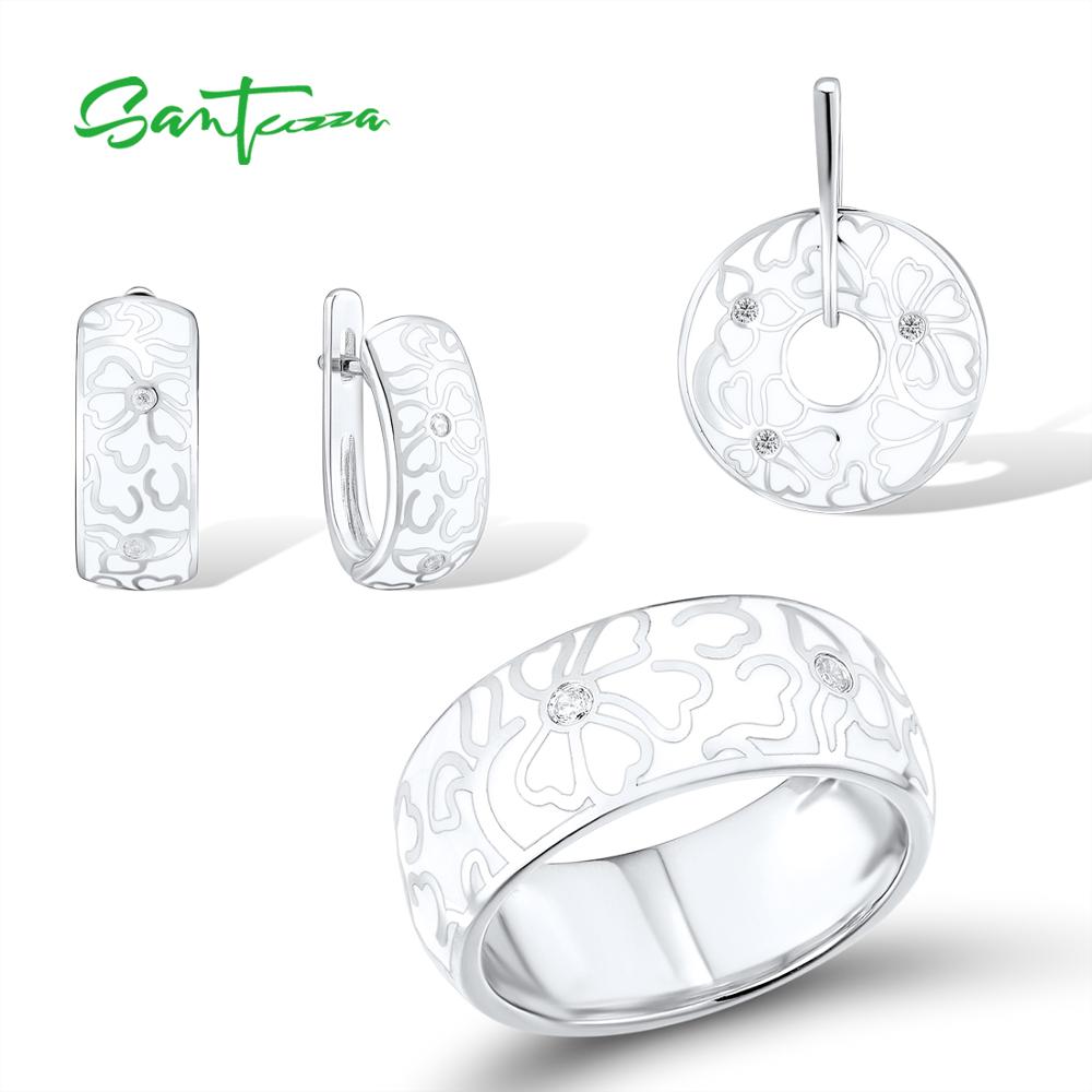 SANTUZZA Schmuck einstellen Für Frauen Echtes 925 Sterling Silber handgefertigt Emaille Weiß Blume CZ Ring Ohrringe Anhänger Schmuck