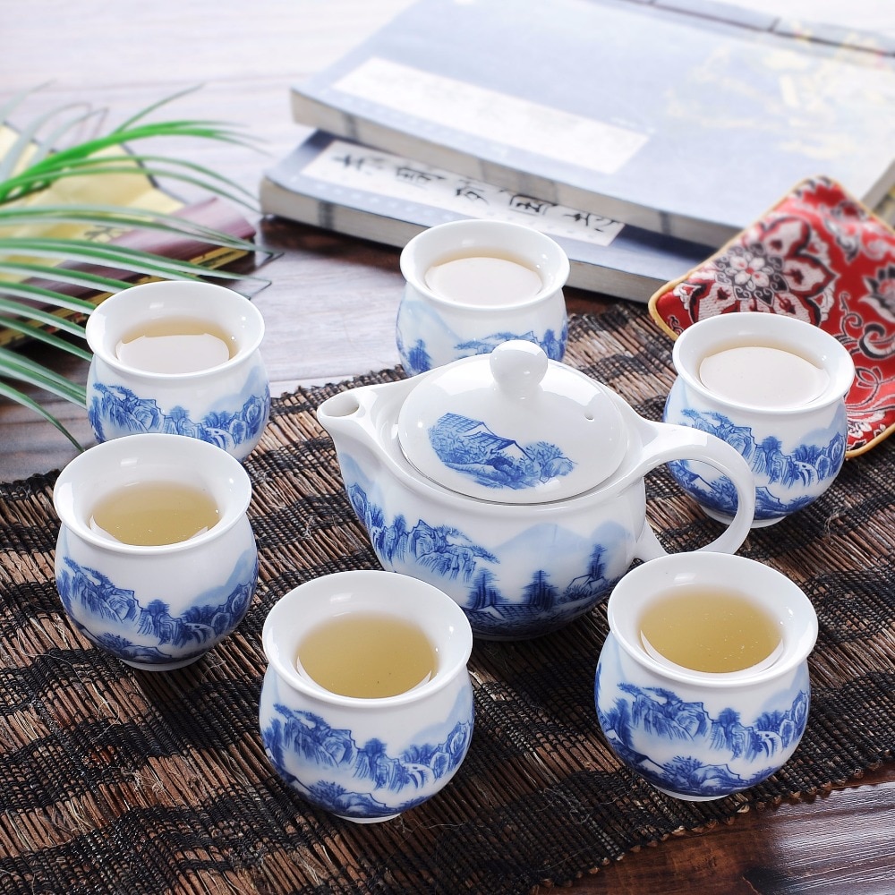 Kung Fu Tee-einstellen, Keramik Tee topf anzug, Blau und weiß porzellan serie, Anti verbrüHenne Doppel schicht tasse, Japanischen stil Tee-einstellen