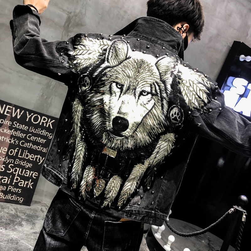 Der männer Patch bestickt Denim jacke frühling und herbst Wolf jacke persönlichkeit Trend zu tragen eine straße jacke außerhalb der See