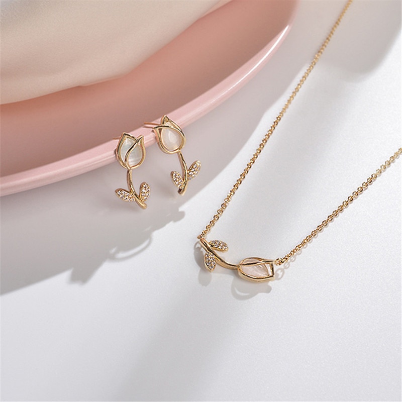 retro Elegante Nette Rose Blume Geometrische Anlage Tulpe Opal Zirkon Kristall Zucht Ohrringe für Frauen Braut Schmuck Party