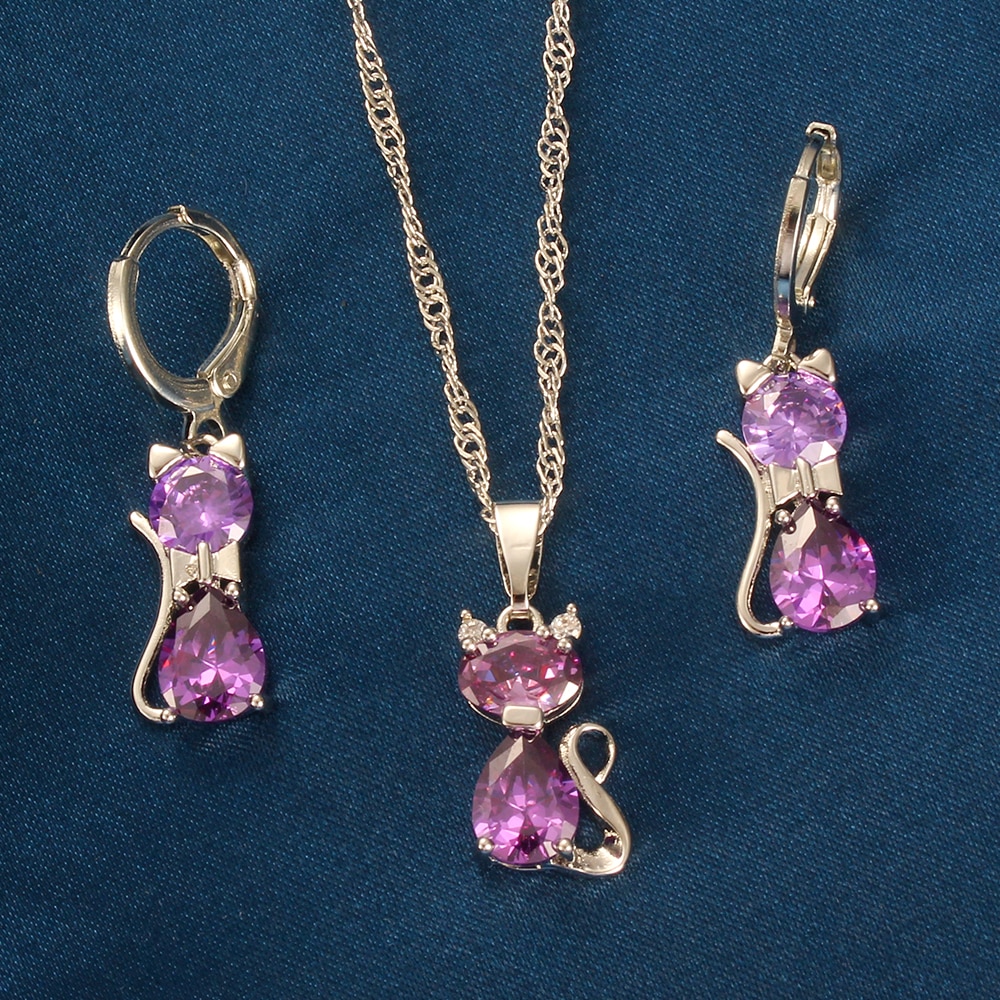 Frauen Schmuck einstellen Einfache Zirkonia Katze Schmuck einstellen Hochzeit Ohrringe Paar Halskette Geben Freundin Geburtstag