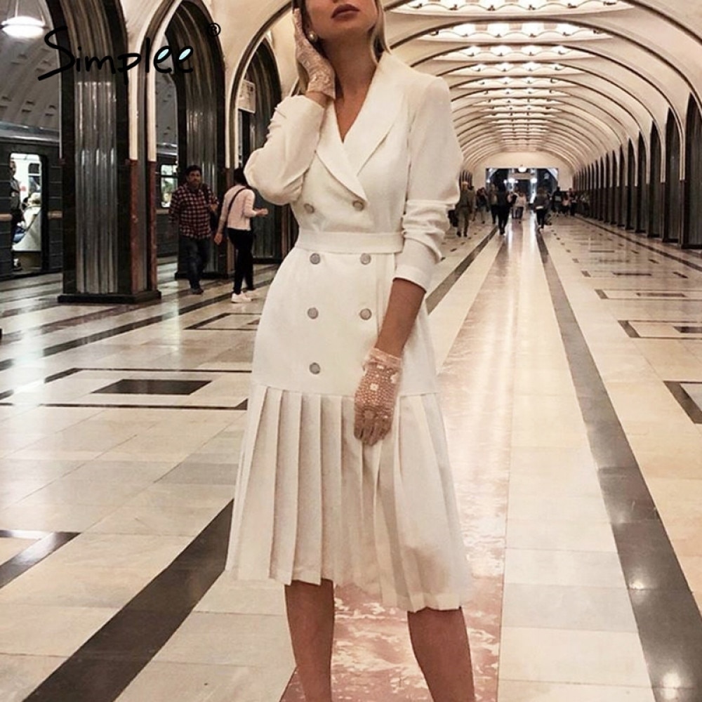 Simplee Jahrgang plissee gürtel kleid frauen Bordstein A-linie langarm Midi- büro kleid Patchwork unten weiß kleid herbst