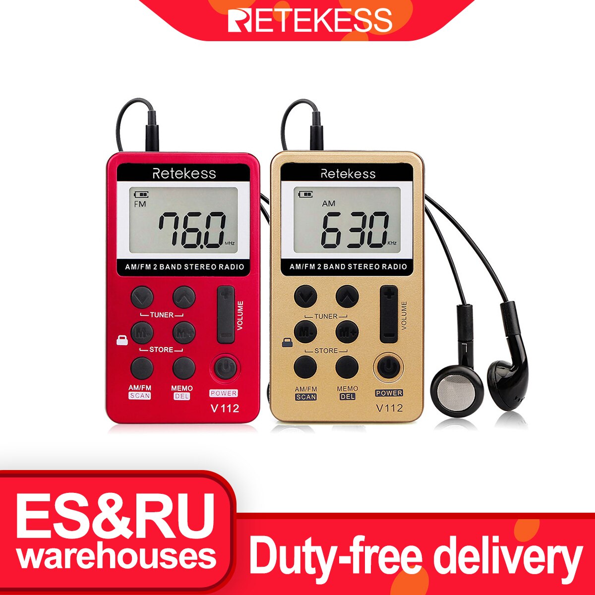 Retekess V112 Mini Tasche Radio FM bin 2 Band Radio Empfänger Digital stimmen mit Akku & Kopfhörer F9202