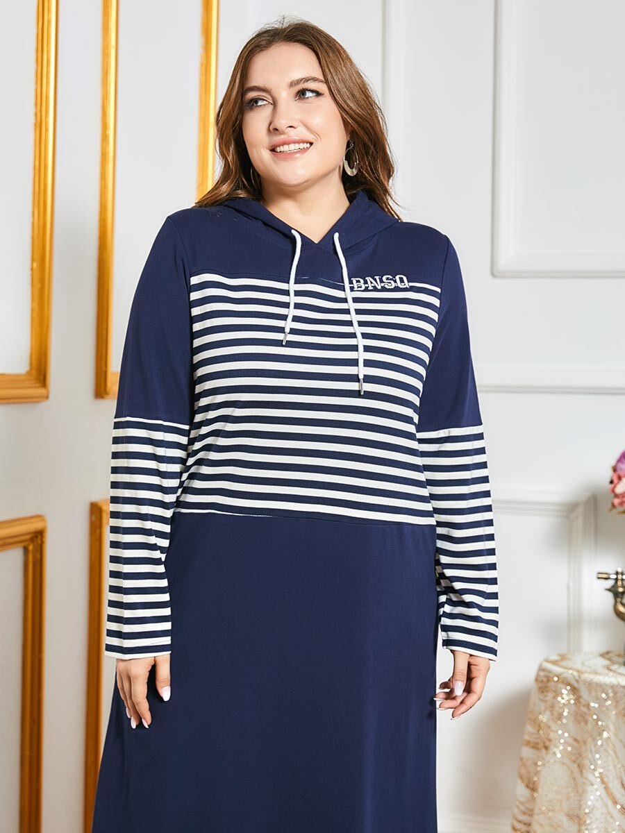 herbst Winter Mit Kapuze Kleid Frauen Lange Hülse gestreift drucken Kontrast Kleid Taschen verlieren Übergroßen max Lange Arabischen Kleid