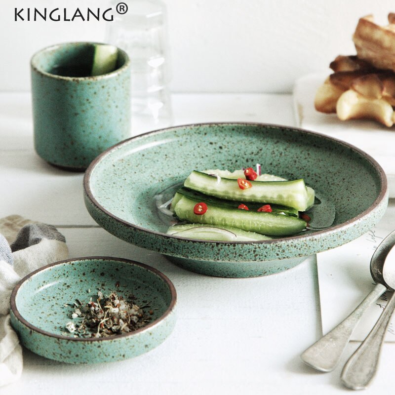 KINGLANG Japanischen Grün Farbe retro Handgemachte Keramik Platten Einzel Hause Restaurant Teetasse Runde Steak Platte Reis Salat Schüssel