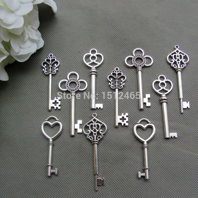 Gemischt 100Stck Antike Silber Skelett Schlüssel anhänger Hochzeit schlüssel Reize 53mm-68mm Große größe Hochzeit Favor