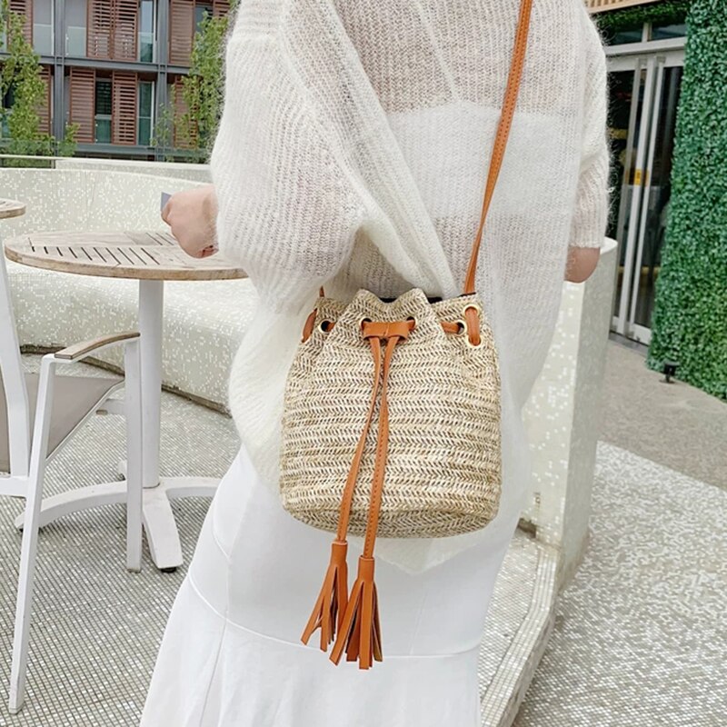 Frauen Kordelzug Kleine Stroh Eimer Taschen Sommer Gewebt Schulter Taschen Umhängetaschen Dame Reise Geldbörsen und Handtaschen