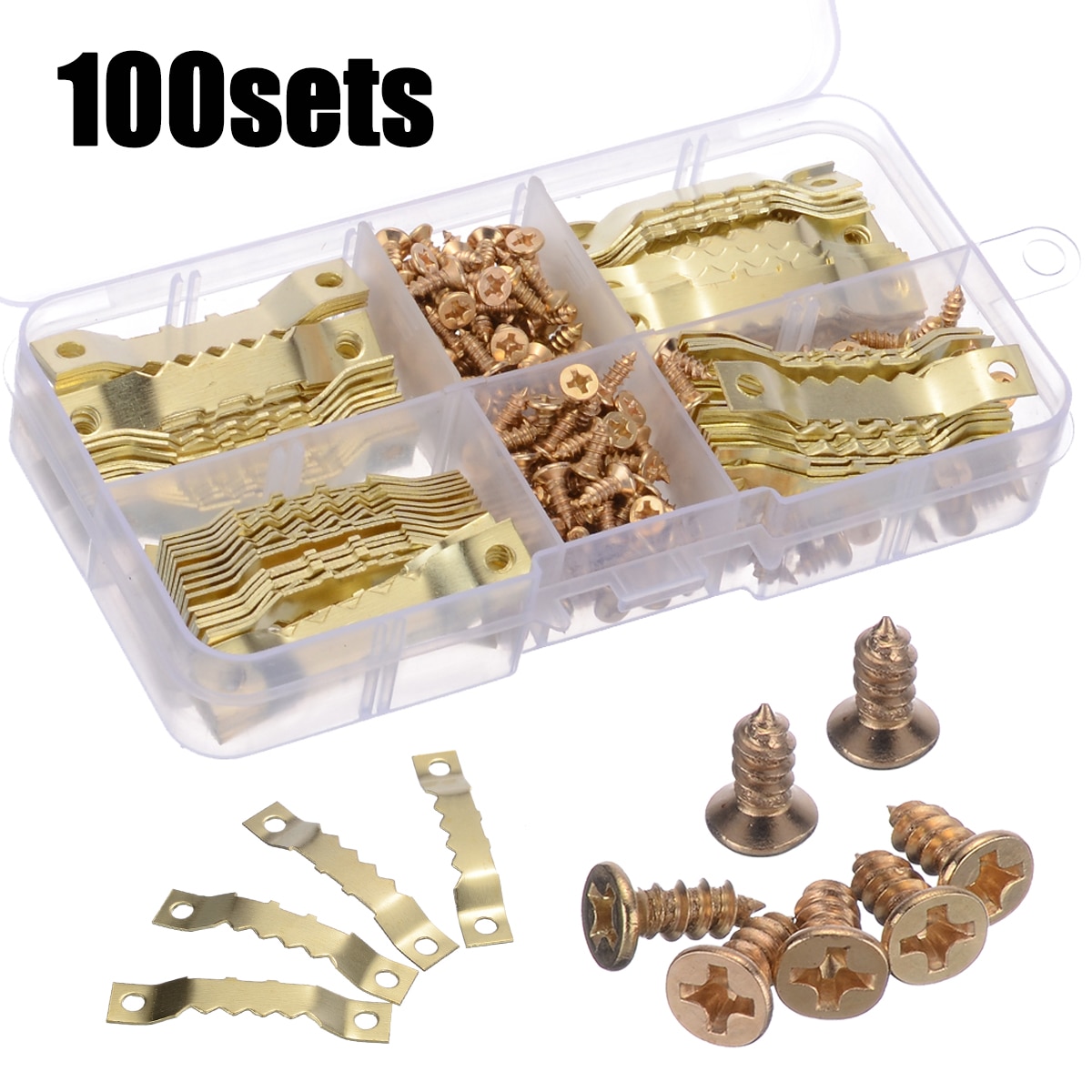 100 setzt 45*8mm Gold gesehen Zahn KleiderbüGel Leinwand Bild Rahmen Haken + Schrauben Sägezahn KleiderbüGel