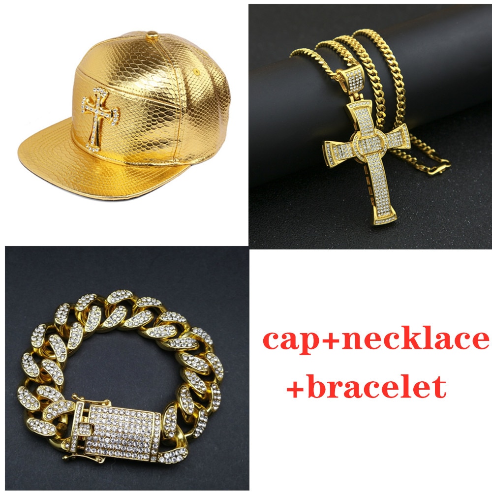 Männer Hüfte hüpfen Deckel Goldene Kreuz kappe Hütte + Halskette + Armbinde einstellen schmuck Diamant eis aus kubanischen chian Schmuck einstellen