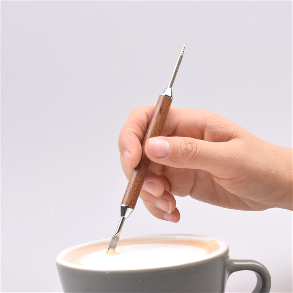 TTLIFE 1PC Holz Griff Edelstahl Kaffee Schablonen Latte Schaum Spachtel Coffeeware DIY Kaffee Kunst Nadel Cafe Werkzeug Für barista