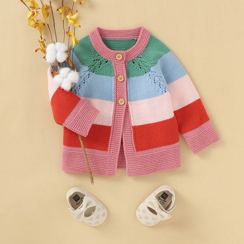 Kleinkind Mädchen zur Seite fahren Kleidung Winter Warme freundlicher lässig zur Seite fahren Baby Mädchen Regenbogen gestreift drucken Baumwolle Gestrickte Oberbekleidung Kleidung