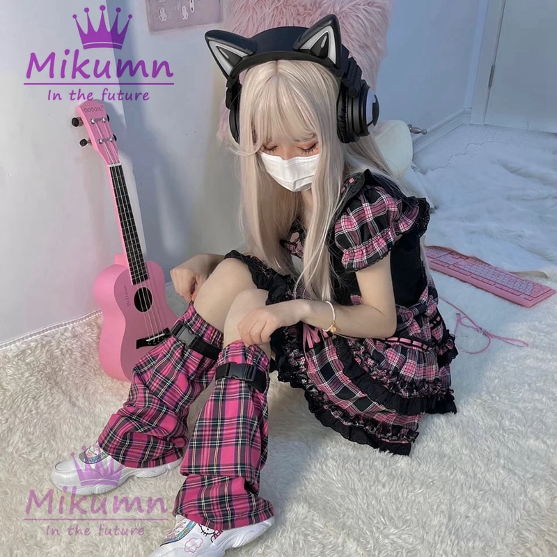 Japanischen Harajuku Stil Mädchen verrotten Lila Rosa Plaid Bein Wärmer Socken Frauen Punk schick Streetwear Bein Abdeckung