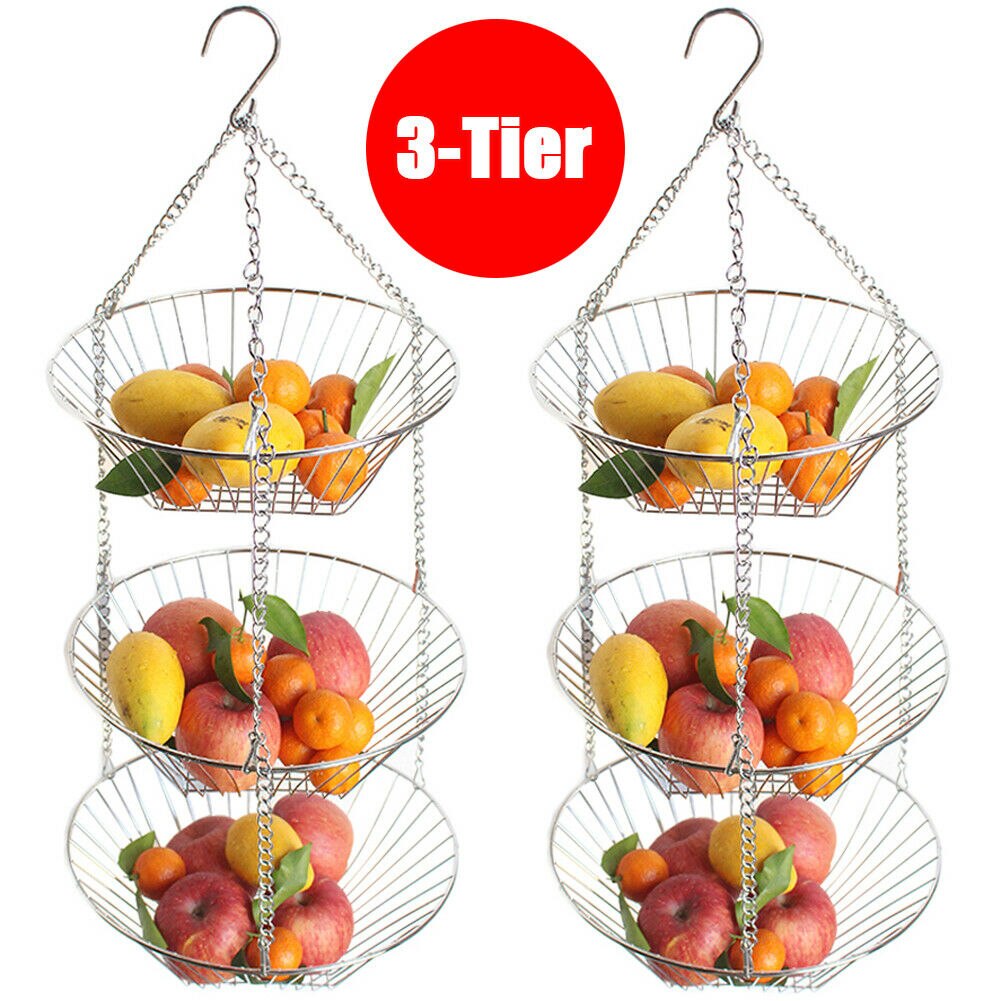 3 Ebenen Draht Kette Hängenden Korb Obst Anlage Lebensmittel Veranstalter Küche Lagerung Schmiedeeisen Obst Hängenden Korb