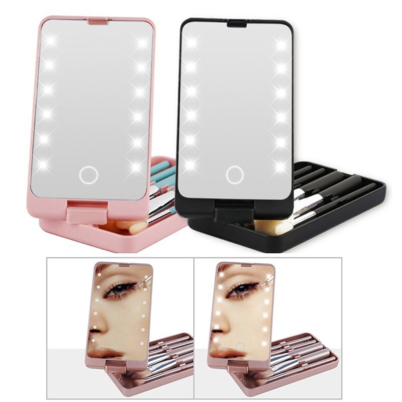 Tragbare Mini LED machen-hoch Spiegel berühren Bildschirm Drehbare Kosmetik Pinsel Lagerung Kasten Falten Einstellbare Eitelkeit Spiegel