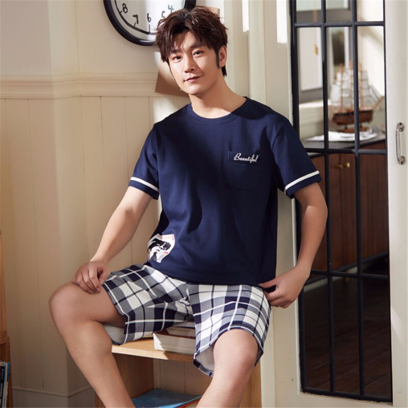 Männer Schlafanzug setzt Sommer Mann Pyjama einstellen Einfache Nachtwäsche Kurzarm Baumwolle Pyjama Für Männer Kurze oben Schlauch Freizeit outwear
