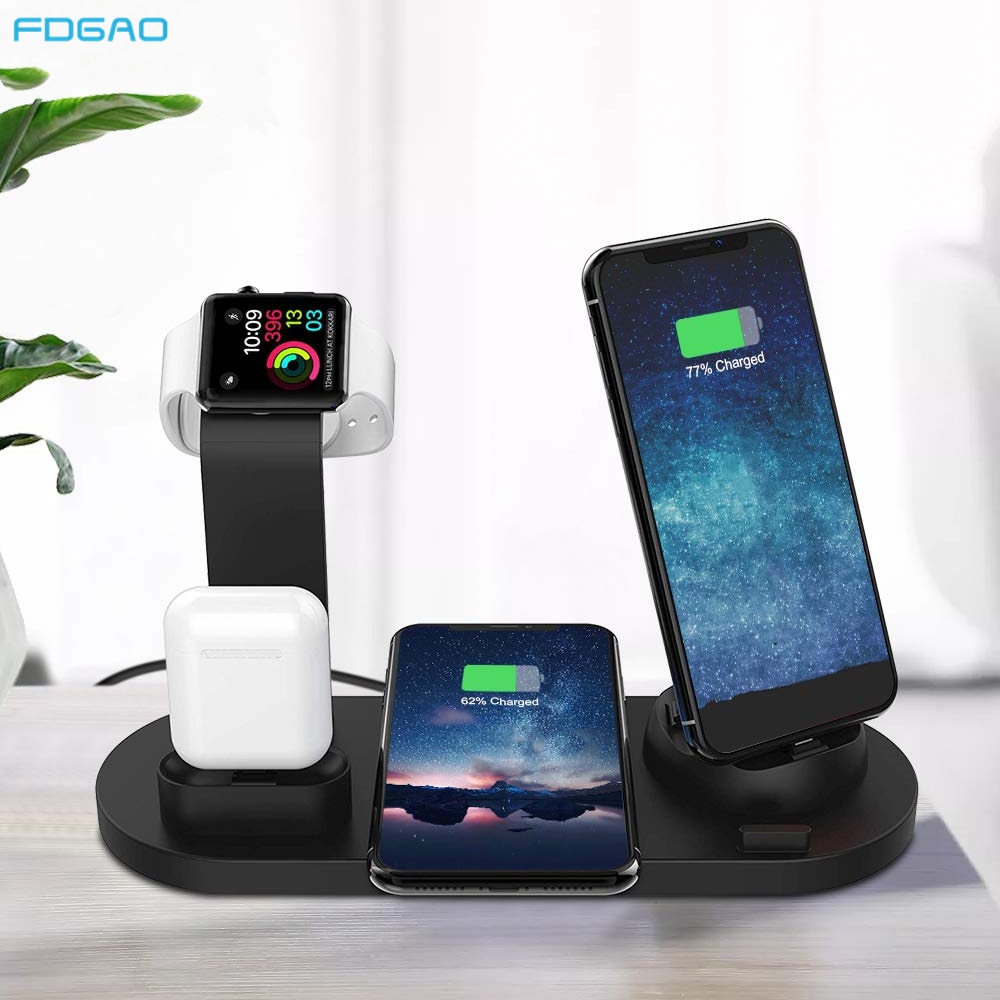 FDGAO 15W Qi Drahtlose Ladegerät Dock 4 in 1 Schnelle Ladestation Für iPhone 11 XS XR X 8 7 6 Plus Apfel Uhr 5 4 3 2 1 AirPods Profi