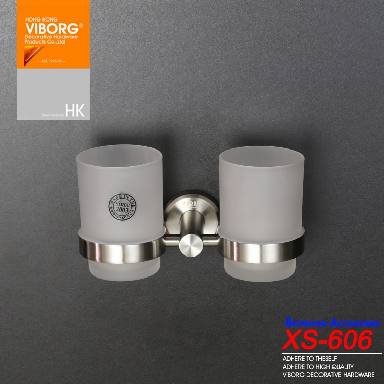 VIBORG Luxus 304 Edelstahl Zauberstab Montiert Doppel Zahnbürste Tasse Halfter mit 2 Gehärtetem Glas Zahnbürste Tassen, gebürstet