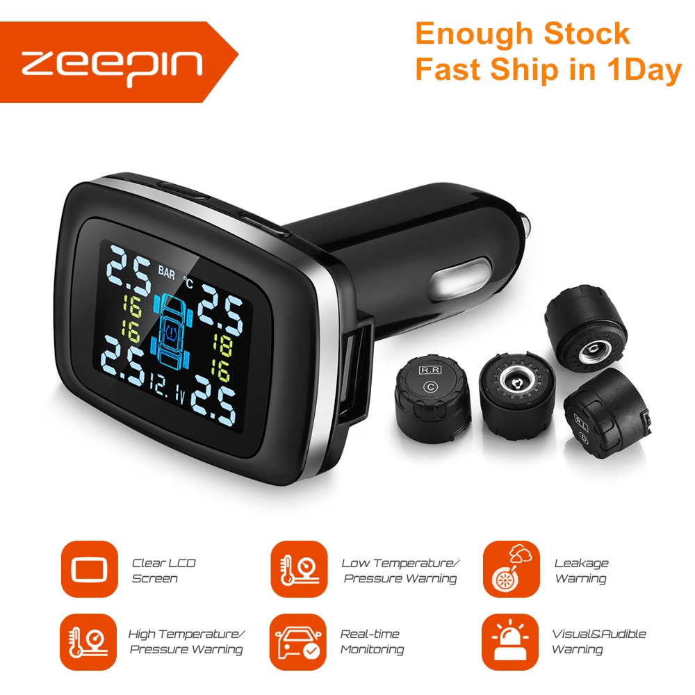 C100 Zigarette Leichter Stecker TPMS LCD Bildschirm USB Ladung Reifen Druck Überwachung System Mit 4 Externe Reifen Druck Sensoren