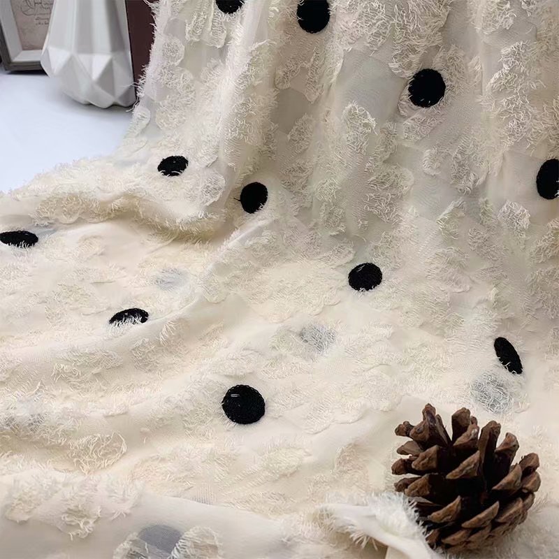 Gute drapieren stil verrotten schwarz rosa jacquard stoff mit Chiffon quaste dekor für sommer abendkleid DFG04