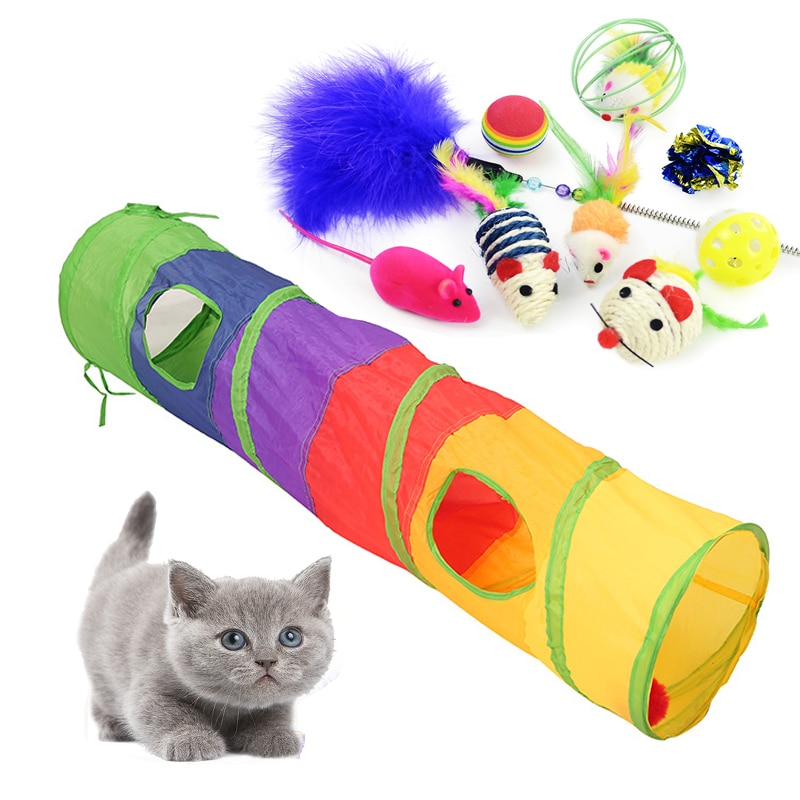 Bunte Katze Spielzeug Haustier Bausatz Faltbare Tunnel 4 Löcher Spielen Rohre Bälle Feder Mäbenutzen bilden Haustier Kätzchen Katze Interaktive Liefert