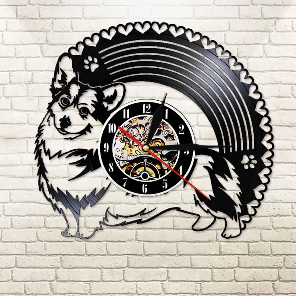 Walisisch Korgi Vinyl aufzeichnen Wanduhr Welpen Hund Rassen Zauberstab Kunst Haustier Einkaufen Dekorative Uhr LED Zauberstab Uhr Corgy 3D beleuchtete Zeichen