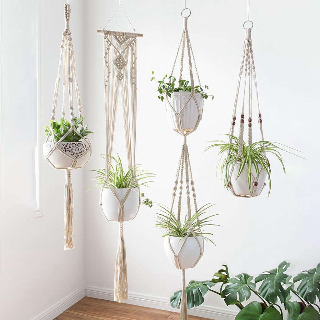 Makramee Anlage KleiderbüGel-4 Pack, in Verschiedenen Entwürfe-Handgemachte drinnen Zauberstab Hängen Pflanzer Anlage Halfter-Moderne Boho Hause De
