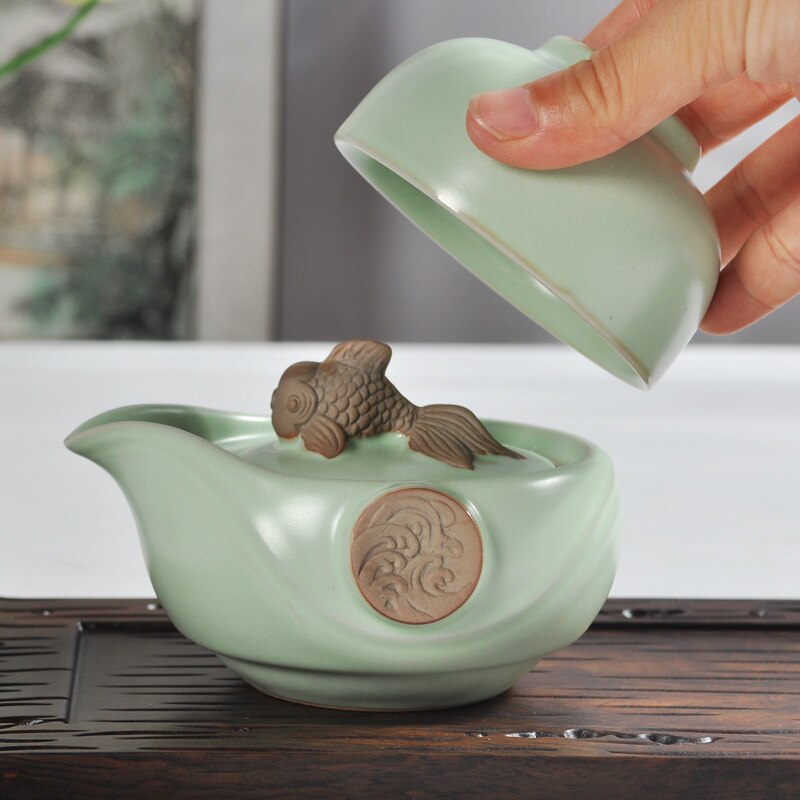 Tee-einstellen Enthalten 1 Topf 1 Tasse RuYao Geyao Fisch Drachen Kung Fu Tee Tasse Topf Quik Tassen Öffnung Stück Tee-einstellen Ru Brennofen Porzellan
