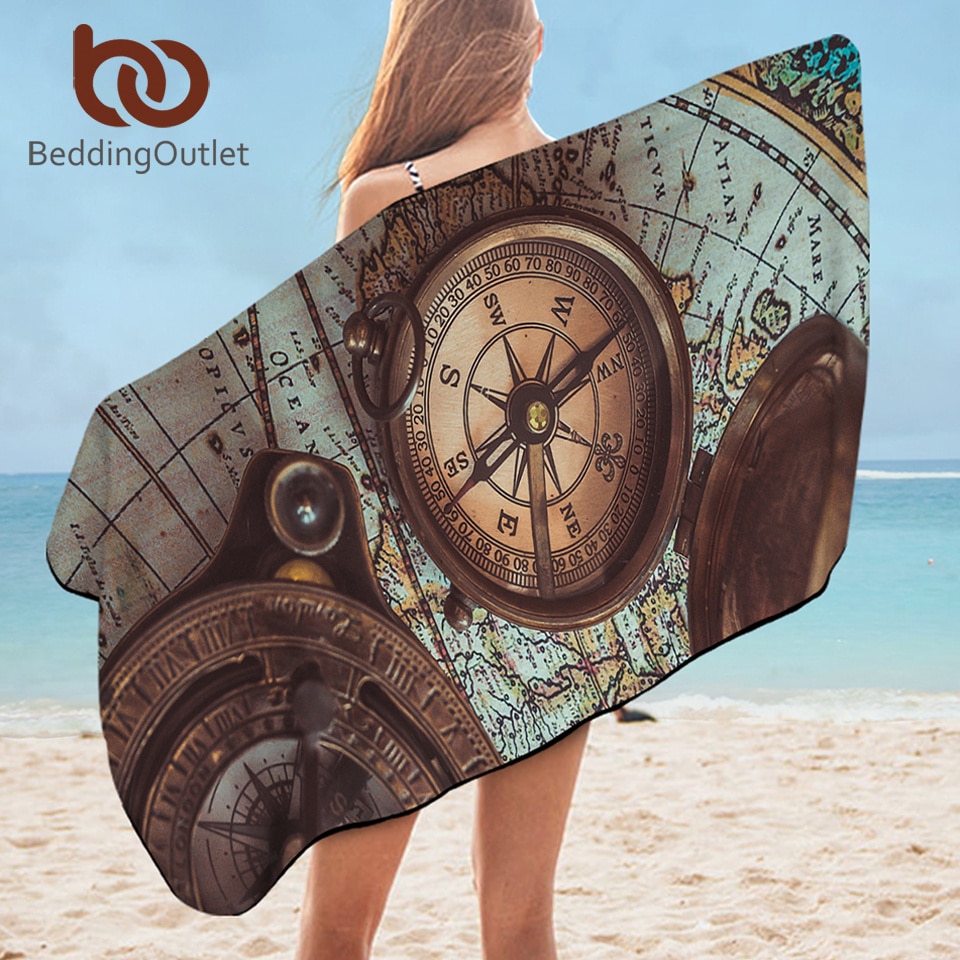 BeddingOutlet Kompass Schlecht Handtuch Quaddel Karte 3D Druck Strand Handtuch für freundlicher Erwachsene retro Stil toalla Blau Braun Decke 75x150cm