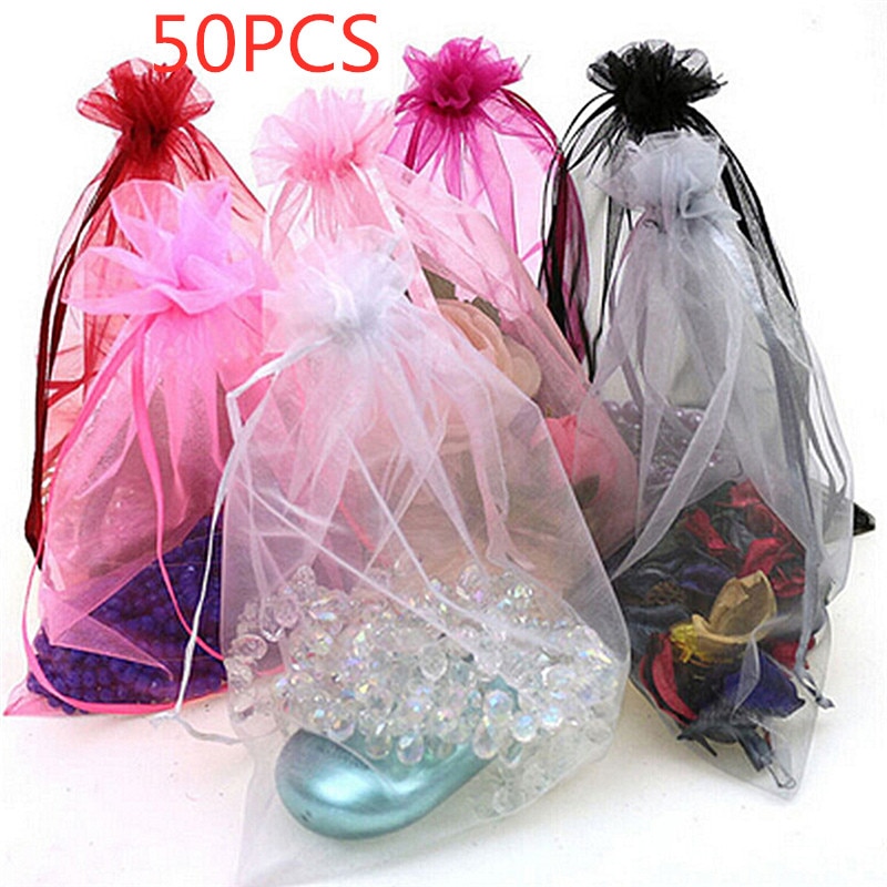 50pc Organza Taschen Schmuck Süssigkeit Tasche Hochzeit Party Dekoration ziehbar Taschen Beutel 7x9cm