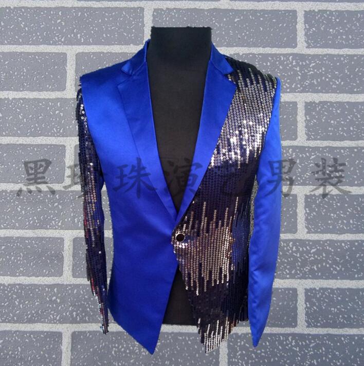 Blau Männer Anzüge Entwürfe Masculino Homme Terno Bühne Kostümich Für Sänger Männer Pailletten Blazer tanzen Kleidung Jacke Stern Stil Kleid