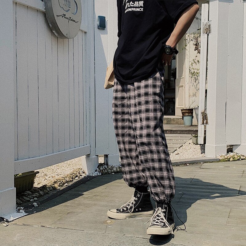 japanischen Stil männer Baumwolle lässig Gitter Druck Hosen Harem Hosen Hosen verlieren Schwarz/braun Jogger Jogginghose M-2XL