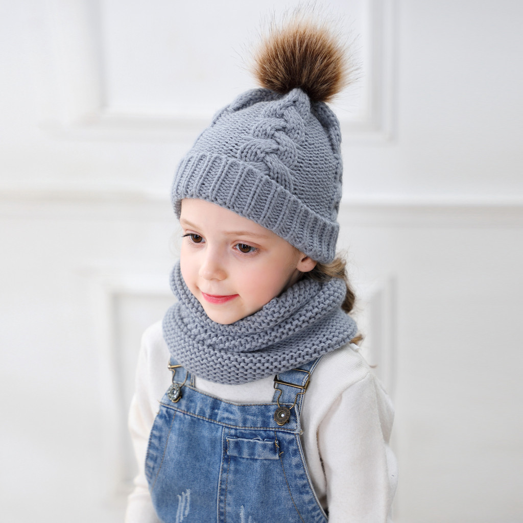 Neue unisex Winter warm Solide Zwei Stücke Von freundlicher Gestrickte Pelz Ball Kappe Halstuch Winter Hütte für Weihnachten