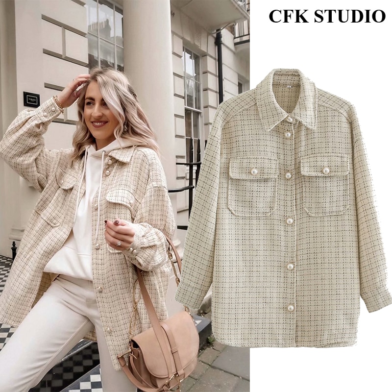 Frauen Herbst Tweed Jacke Femme Neue Winter Femme Mantel mit drehen-unten Kragen Plaid drucken Langarm Übergröße outwear Mantel