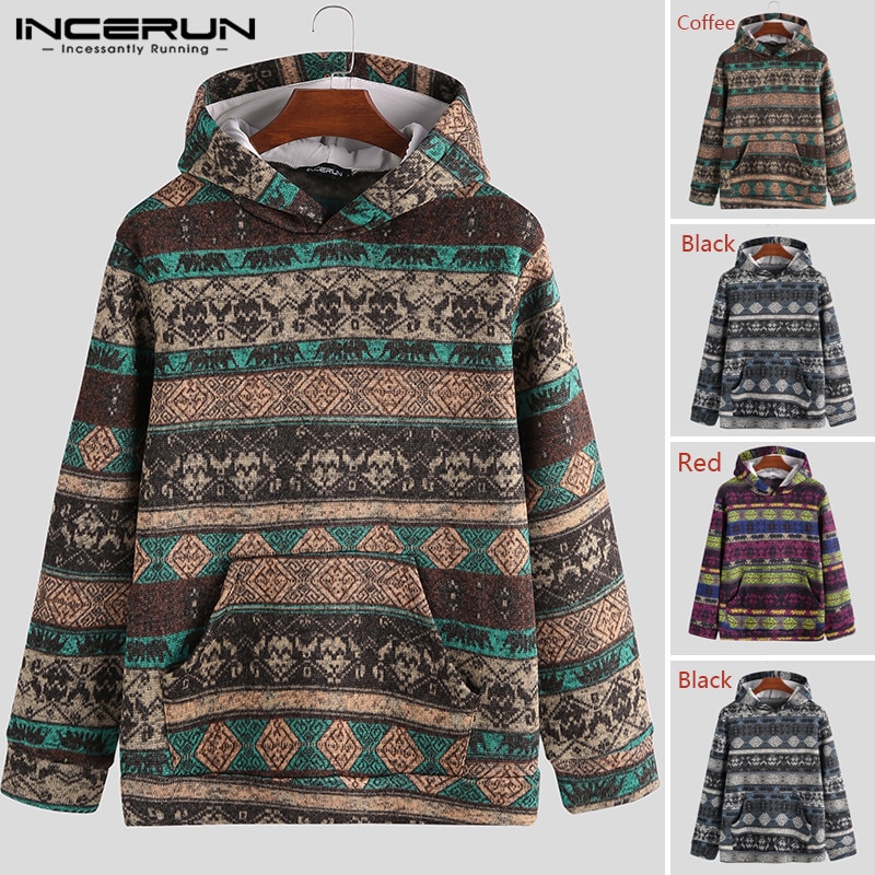 Ethnische Gedruckt Männer Hoodies Taschen Mit Kapuze Streetwear Langarm zur Seite fahren Gestrickte Herbst Winter Sweatshirt INCERUN