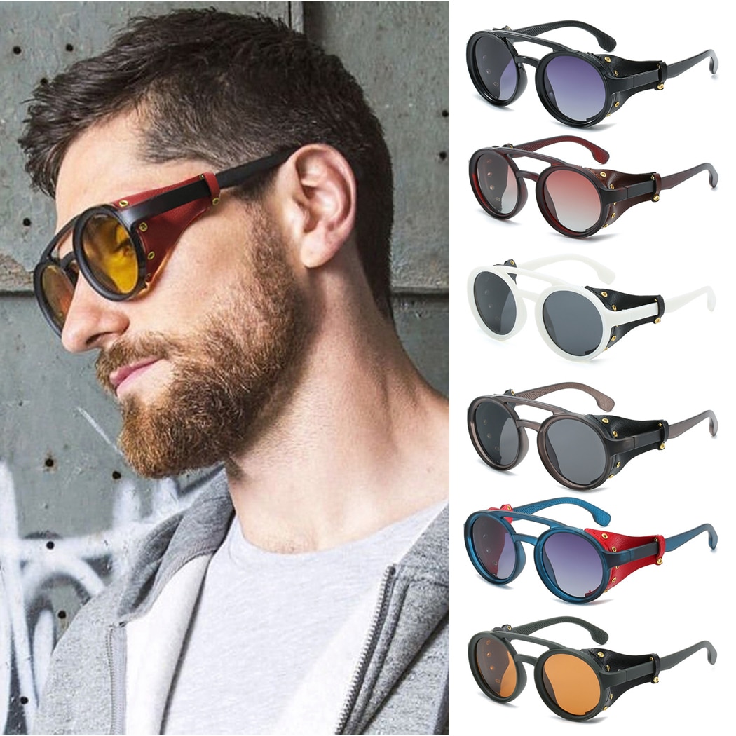 Punk Goggle Sonnenbrille Männer Frauen Übergroßen Leder Seite Schild Sonnenbrille Schattierungen Männlichen Steampunk Runde Sonnenbrille Brillen
