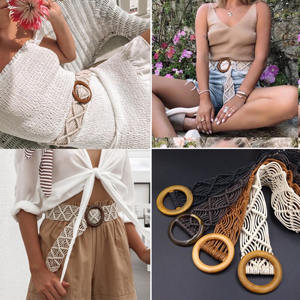 Boho Stil Wachs Seil Strick Gürtel Runde Holz Schnalle Handgemachte Geflochtene Weibliche Gürtel Lässig khaki Gürtel Für Frauen Solide Taille gürtel