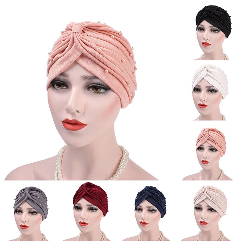 Muslimische Frauen Elastische Baumwolle Rüsche Perle Turban Hütte Krebs Chemo Mützen Kappe Headwear wickeln Überzogene Haar Zubehör